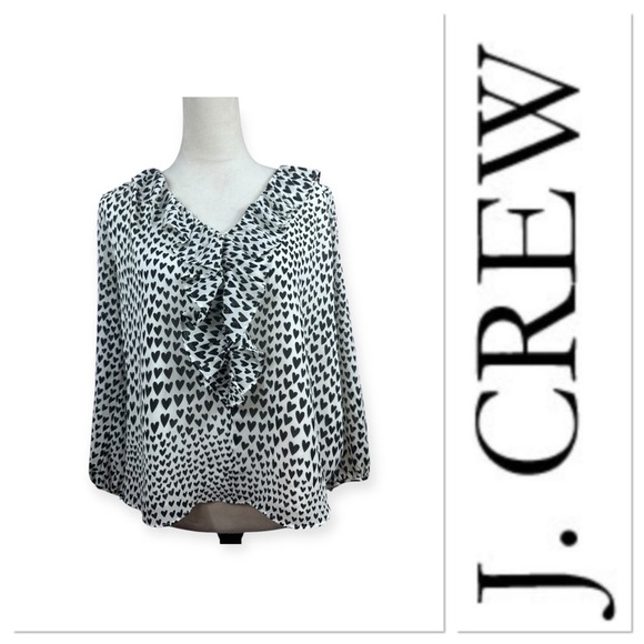 NWT J. Crew ruffle accent white top With black heart print size large - Picture 1 of 11